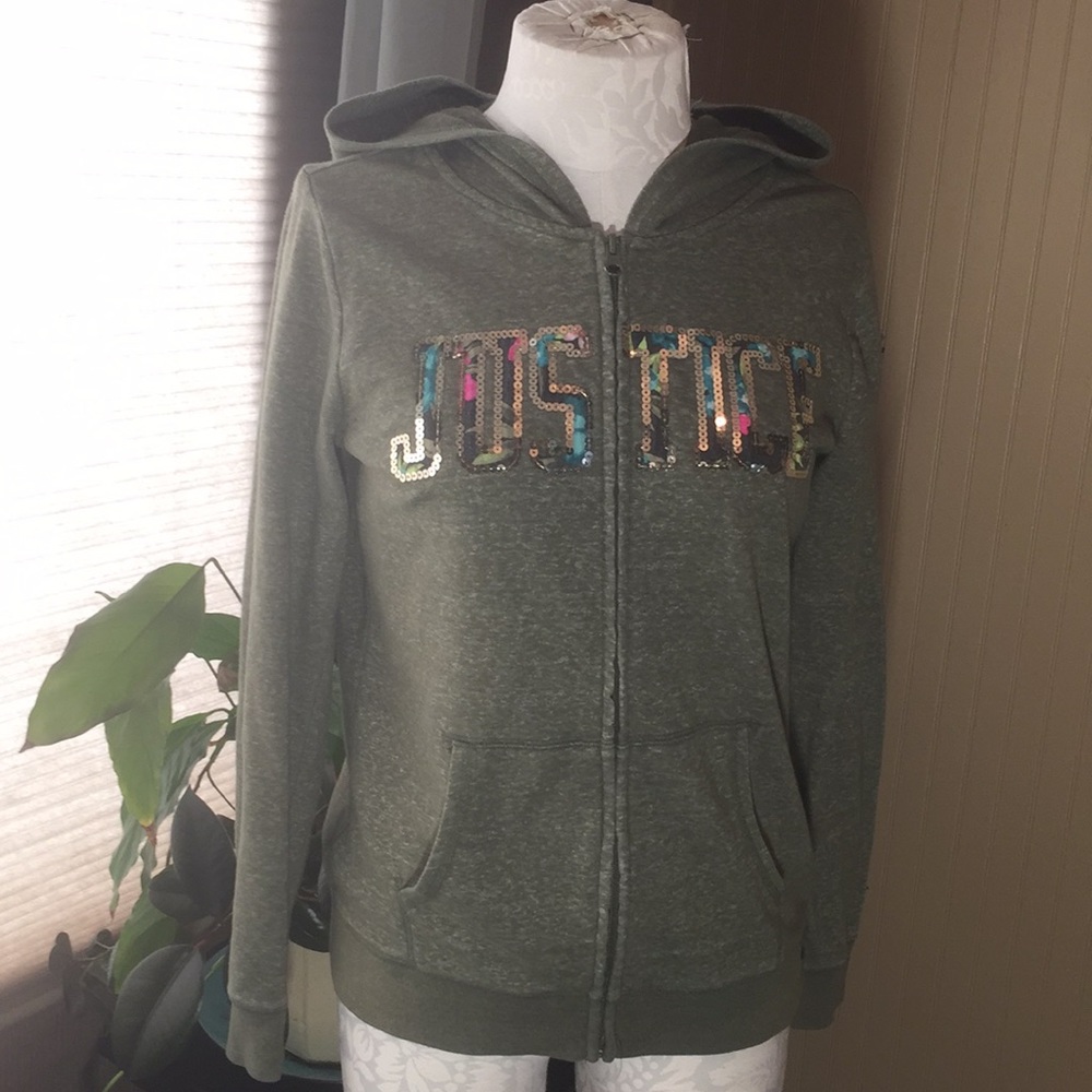 Justice jacketโ zip up hoodie size 16/18 green with floral print lettering